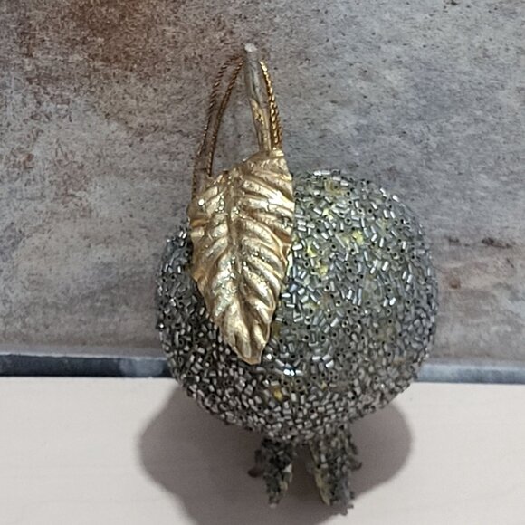 Faux Fruit Christmas Tree Ornament Glam Beaded Pomegranate Gold Leaf - Picture 2 of 8